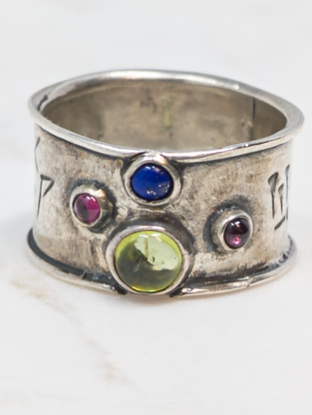 Artisan Sterling Silver Wide Band Ring w/ Peridot Lapis Garnet, Sz 7.75